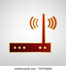 Wifi modem sign. Vector. Red icon on gold sticker at light gray background.