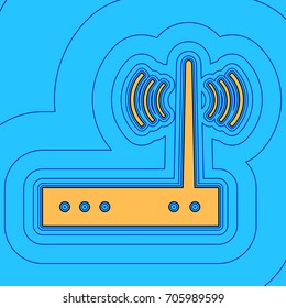 Wifi modem sign. Vector. Sand color icon with black contour and equidistant blue contours like field at sky blue background. Like waves on map - island in ocean or sea.