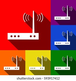Wifi modem sign. Vector. Set of icons with flat shadows at red, orange, yellow, green, blue and violet background.