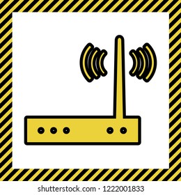 Wifi modem sign. Vector. Warm yellow icon with black contour in frame named as under construction at white background. Isolated.