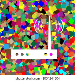 Wifi modem sign. Vector. White icon on colorful background with seamless pattern from squares.