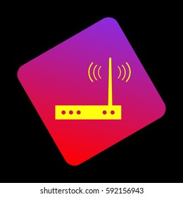 Wifi modem sign. Vector. Yellow icon at violet-red gradient square with rounded corners rotated for dynamics on black background.
