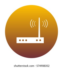 Wifi modem sign. White icon in circle with golden gradient as background. Isolated.