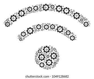 Wi-Fi mosaic of gear components. Vector gear wheel parts are composed into wi-fi pattern.