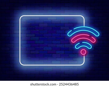 Publicidade de néon Wi-Fi. Banner on-line da Internet. Rótulo e quadro em branco vazio. Copiar espaço. Traçado editável. Ilustração de estoque vetorial