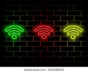 Icono de neón Wi-Fi brillante. Ilustración vectorial aislada en el fondo de ladrillo oscuro... verde, rojo, amarillo, rosa, azul, naranja.