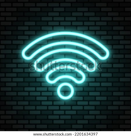Wi-fi neon icon. Blue neon sign on dark brick wall. Best for polygraphy, mobile apps and web design.