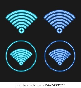 Wi-fi neon light sign effect set isolated on black. 3D blue neon light radial waves. Signal sign, digital technology. Vector illustration.