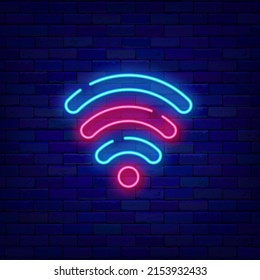 Wifi neon sign. Turquoise and pink internet badge for cafe and bar. Free wifi zone. Glowing effect poster on brick wall. Editable stroke. Vector stock illustration