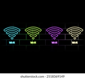 Wifi neon sign vector. Glowing Neon Wifi Symbol Extended Letters, Light Banner, Neon Text. Vector illustration. Outdoors