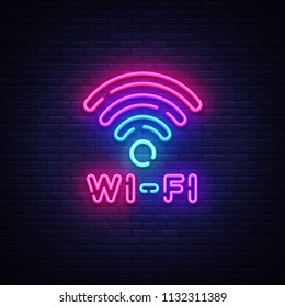 Wifi neon sign vector. Wifi symbol neon glowing letters shining, Light Banner, neon text. Vector illustration. Billboard