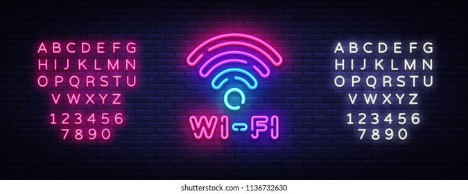 Wifi neon sign vector. Wifi symbol neon glowing letters shining, Light Banner, neon text. Vector illustration. Billboard. Editing text neon sign