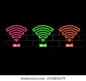 Wifi neon signboard on brick wall. Colorful internet badge for cafe and bar. Circle badge with ribbon. Outer glowing effect poster on brick wall. Editable stroke. Vector stock illustration.