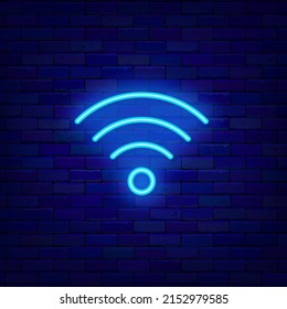 Wifi neon signboard. Turquoise internet badge for cafe and bar. Free wifi zone. Outer glowing effect poster on brick wall. Editable stroke. Vector stock illustration