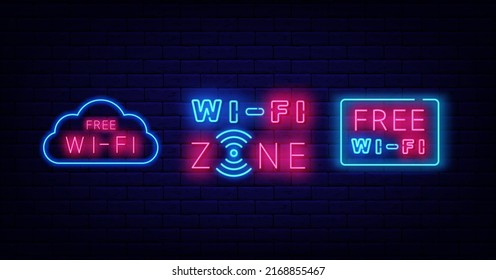 Wifi neon signboards collection. Internet labels on brick wall. Multicolored emblem for cafe and bar. Free wifi zone. Outer glowing effect poster on brick wall. Editable stroke. Vector illustration