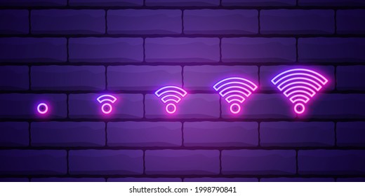 Wi-fi neon sign.vector Night bright advertisement. Vector illustration in neon style for cafe and connection. Vector illustration in neon style isolated on brick wall