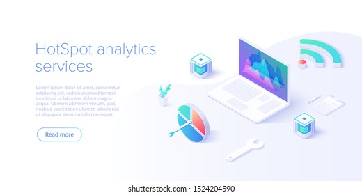 Wi-fi Network Analysis Concept In Abstract Vector Illustration. Hotspot Statistics With Laptop. Creative Website Layout Or Landing Page Template. Web Banner Concept.