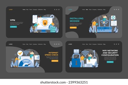 Wi-Fi network dark or night mode web or landing set. Specialist setting up, developing and maintaining wireless fidelity equipment. Secure connection configuration. Flat vector illustration