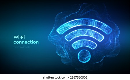 Wi-Fi network icon. Abstract Wi-Fi sign formed from glowing thin lines. Wlan access, wireless hotspot signal symbol. Mobile connection zone. Data transfer. Router transmission. Vector illustration.