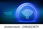 Wi-Fi network icon inside transparent protection sphere shield with hexagon pattern on blue background. Secure Wi Fi wireless network connection. Cyber Security. Wifi Encryption. Vector illustration.