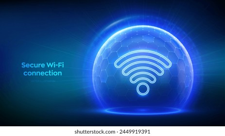 Wi-Fi network icon inside transparent protection sphere shield with hexagon pattern on blue background. Secure Wi Fi wireless network connection. Cyber Security. Wifi Encryption. Vector illustration.