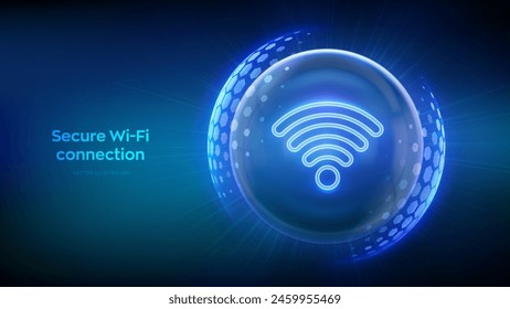 Wi-Fi network icon inside transparent protection sphere shield with hexagon pattern on blue background. Secure Wi Fi wireless network connection. Cyber Security. Wifi Encryption. Vector illustration.