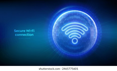 Wi-Fi network icon inside transparent protection sphere shield with hexagon pattern on blue background. Secure Wi Fi wireless network connection. Cyber Security. Wifi Encryption. Vector illustration.