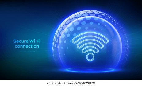 Wi-Fi network icon inside transparent protection sphere shield with hexagon pattern on blue background. Secure Wi Fi wireless network connection. Cyber Security. Wifi Encryption. Vector illustration.