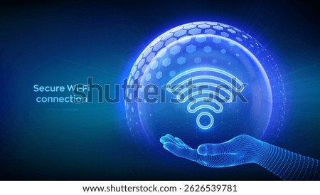 Wi-Fi network icon inside transparent protection sphere shield with hexagon pattern in wireframe hand. Secure Wi Fi wireless network connection. Cyber Security. Wifi Encryption. Vector illustration.