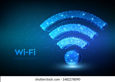 Wi-Fi Network Icon. Low Poly Abstract Wi Fi Sign. Wlan Access, Wireless Hotspot Signal Symbol. Mobile Connection Zone. Data Transfer. Router Or Mobile Transmission. 3D Polygonal Vector Illustration.