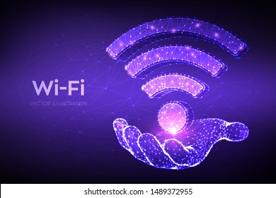 Wi-Fi network icon. Low poly abstract Wi Fi sign in hand. Wlan access, wireless hotspot signal symbol. Mobile connection zone. Router or mobile transmission. 3D polygonal vector illustration.
