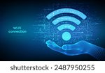 Wi-Fi network icon. Wi Fi sign made with binary code in hand. Wlan access, wireless hotspot signal symbol. Mobile connection zone. Data transfer. Router or mobile transmission. Vector illustration.