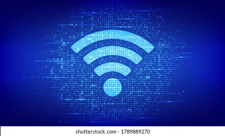 Wi-Fi network icon. Wi Fi sign made with binary code. Wlan access, wireless hotspot signal symbol. Mobile connection zone. Data transfer. Router or mobile transmission. Vector illustration.