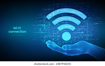 Wi-Fi network icon. Wi Fi sign made with binary code in hand. Wlan access, wireless hotspot signal symbol. Mobile connection zone. Data transfer. Router or mobile transmission. Vector illustration.