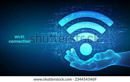 Wi-Fi network icon. Wi Fi sign made with binary code in hand. Wlan access, wireless hotspot signal symbol. Mobile connection zone. Data transfer. Router or mobile transmission. Vector illustration.