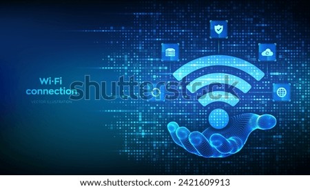 Wi-Fi network icon. Wi Fi sign made with binary code in hand. Wlan access, wireless hotspot signal. Mobile connection zone. Data transfer icons connections. Mobile transmission. Vector illustration.