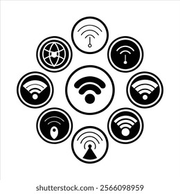 Wi-Fi and network icons, minimalist designs, simple shapes, tech branding elements.