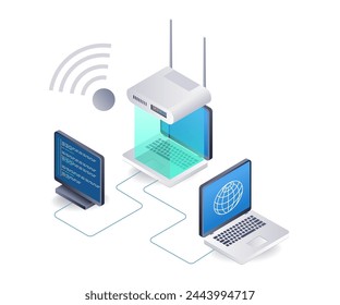 Wifi network internet router usage computer concept, flat isometric 3d illustration