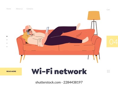 Wi-Fi network landing page. Relaxed man using wireless internet connection for smartphone at home. Male character holding mobile phone listening music in headphones, watching video vector illustration