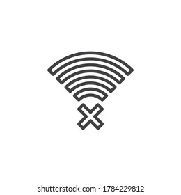 La red WiFi no está disponible. Signo de estilo lineal con problema de conexión para concepto móvil y diseño web. No hay icono vectorial de contorno de señal de Internet. Símbolo, ilustración del logotipo. Gráficos vectoriales
