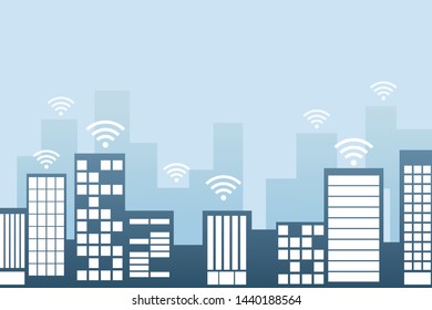 Wifi network on building blue background. Internet connection technology concept. Copy space for text input. Vector illustration in flat design. 