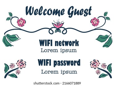 Wifi Network And Password Vector Template For Hotel, Bed And Breakfast,guesthouse. Relaxed Floral Decorative Sign In Loose Line Art Style On White Background. With Welcome Guest Header