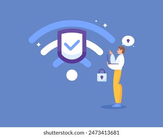 protección de la red wifi. sistema de seguridad en redes inalámbricas. seguridad de los datos del usuario al utilizar una conexión wifi. codificación wifi. tecnología. ilustración diseño del concepto. Elementos gráficos