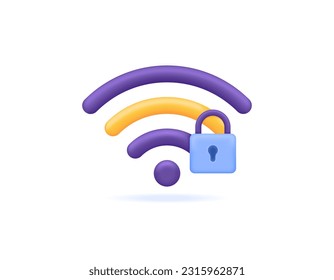 WiFi network security and password. wireless network encryption. WiFi is locked and protected. Internet and protection technology. wifi signal and padlock. symbols or icons. Minimalist 3D concept 