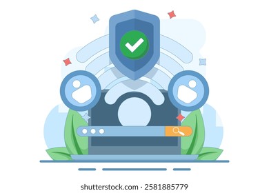 wifi network security and protection concept. wifi encryption. technology and safety. wifi signal symbol, search bar, account and shield with check mark. flat design illustration.