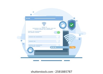 wifi network security and protection concept. wifi encryption. technology and safety. wifi signal symbol, search bar, account and shield with check mark. flat design illustration.