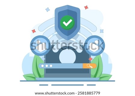 wifi network security and protection concept. wifi encryption. technology and safety. wifi signal symbol, search bar, account and shield with check mark. flat design illustration.