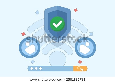 wifi network security and protection concept. wifi encryption. technology and safety. wifi signal symbol, search bar, account and shield with check mark. flat design illustration.