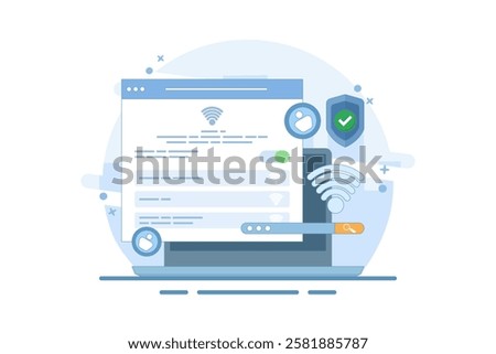 wifi network security and protection concept. wifi encryption. technology and safety. wifi signal symbol, search bar, account and shield with check mark. flat design illustration.