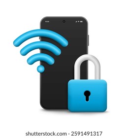 Wi-Fi network security. Protection from tracking, secure data transfer. Protected connection. Mobile phone with Wi-Fi sign and padlock, vector illustration